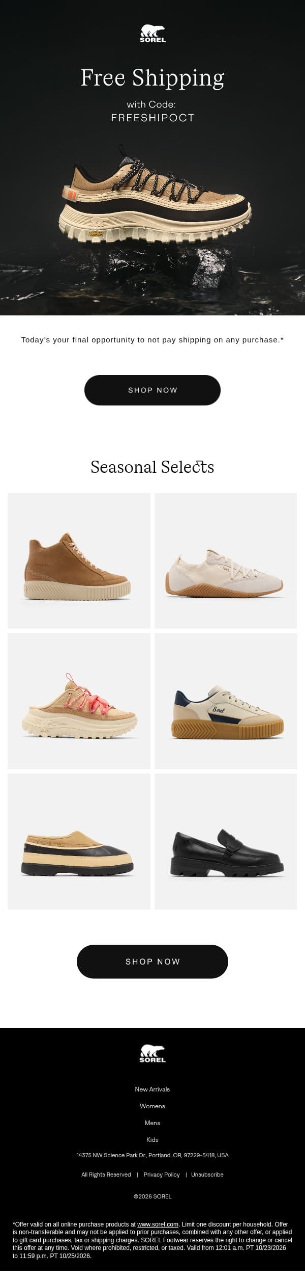 Last Chance for Free Shipping email from Sorel screenshot