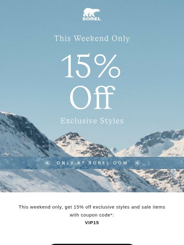 15% Off Select Styles and Sale email from Sorel