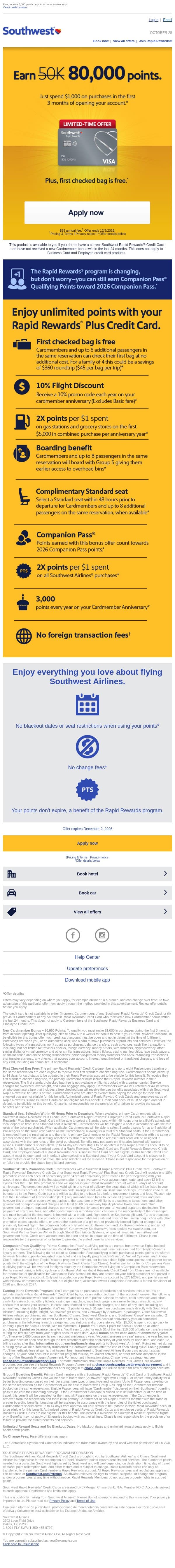 Like to earn 80,000 points? Big win. email from Southwest Airlines screenshot