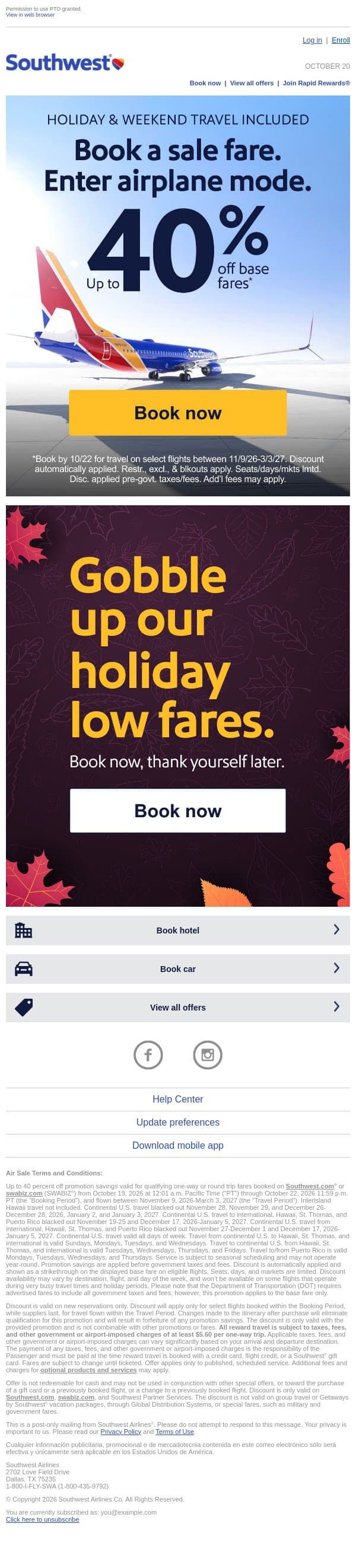Up to 40% off base fares?! Book your escape now. email from Southwest Airlines screenshot