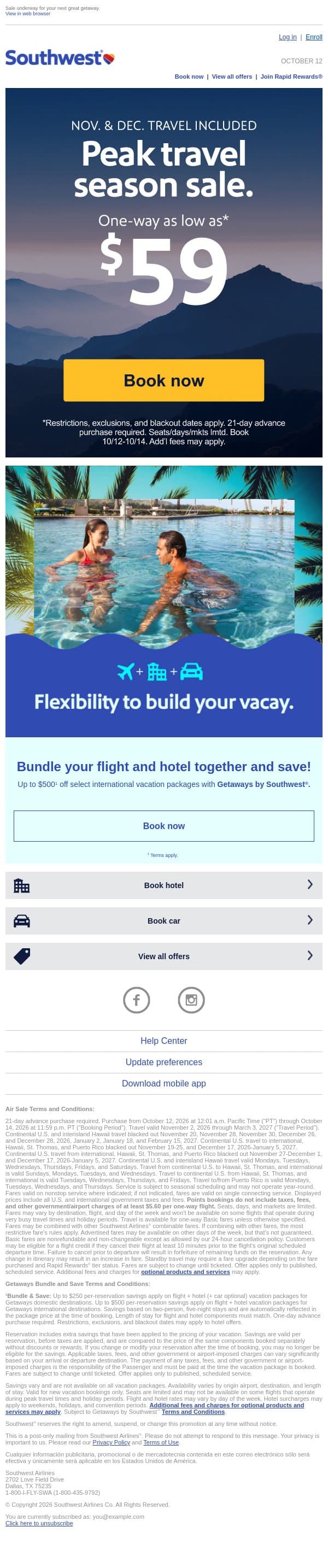 Big $59 sale! Travel season special. email from Southwest Airlines screenshot