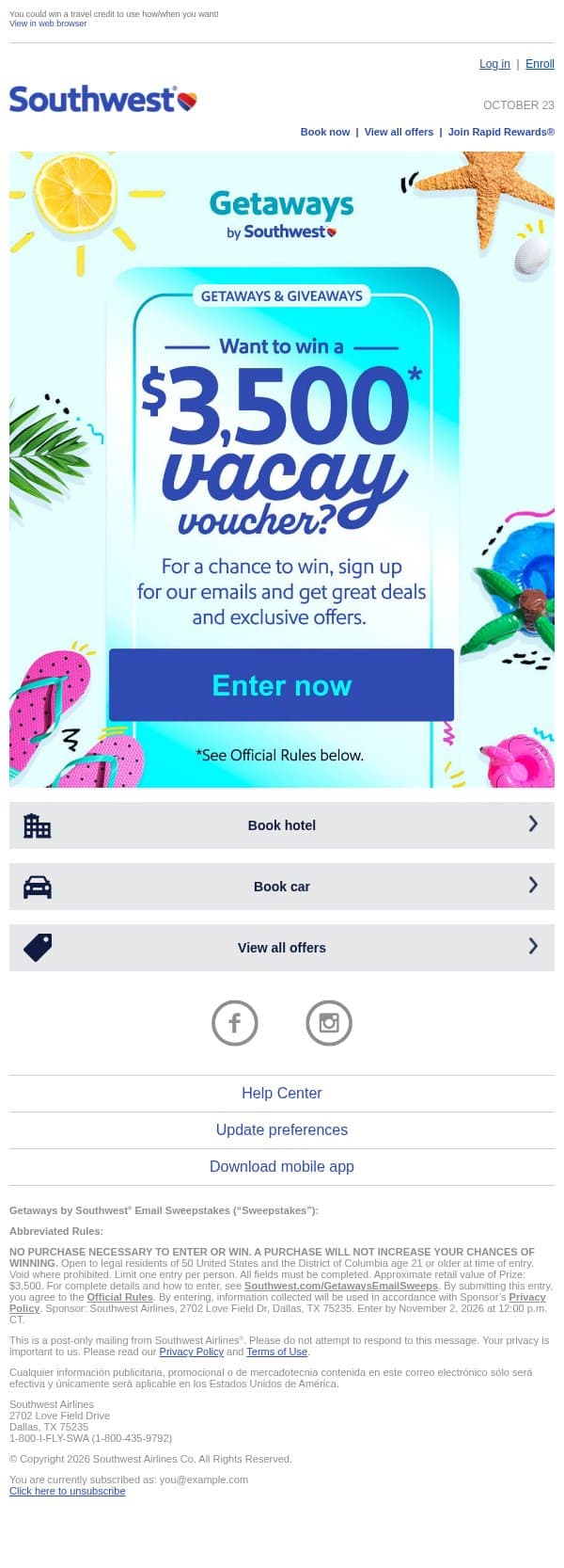 Enter for a chance to win Getaways & Giveaways email from Southwest Airlines screenshot