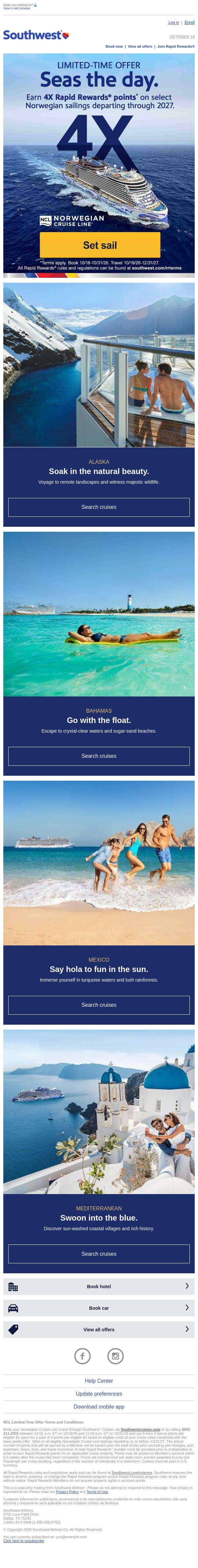 Earn 4X Rapid Rewards® points on a Norwegian cruise! 🛳️ email from Southwest Airlines screenshot