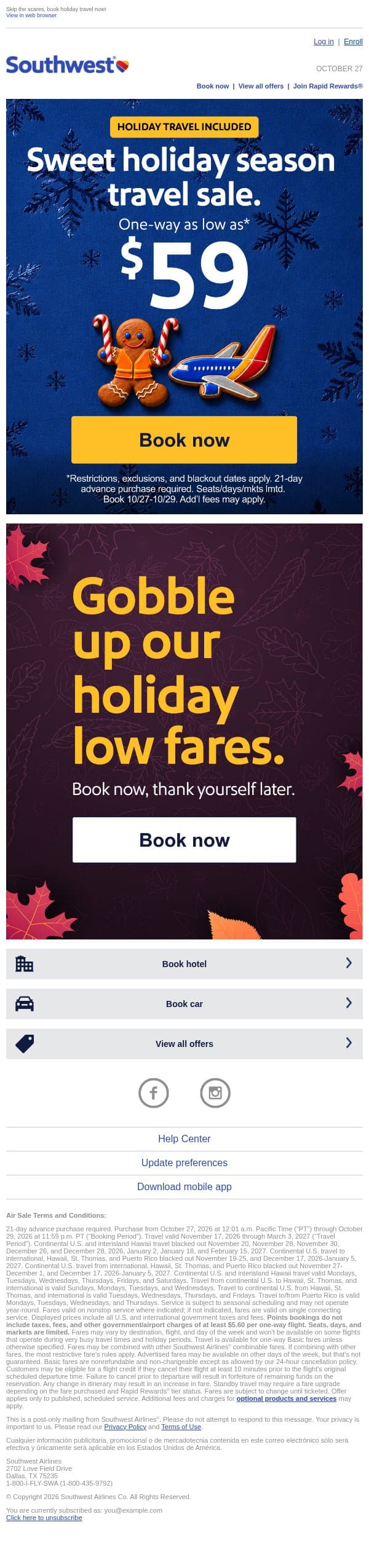$59 sale! Low holiday travel fares. No tricks! email from Southwest Airlines screenshot