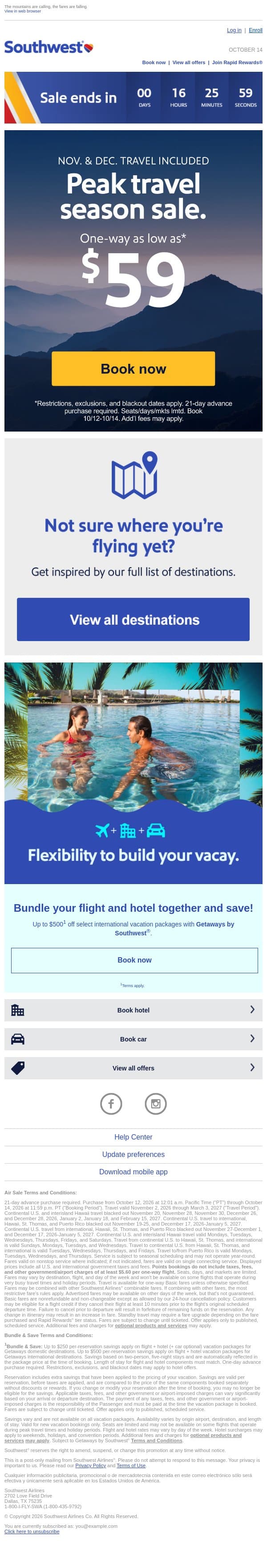 Big $59 sale! LAST DAY for deals! email from Southwest Airlines screenshot