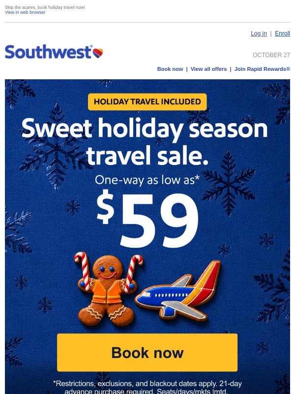 $59 sale! Low holiday travel fares. No tricks! email from Southwest Airlines