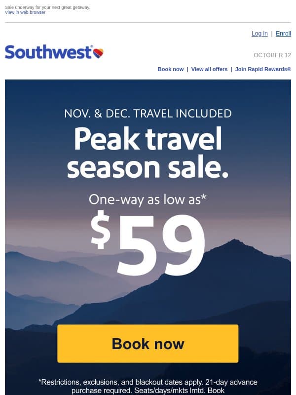 Big $59 sale! Travel season special. email from Southwest Airlines