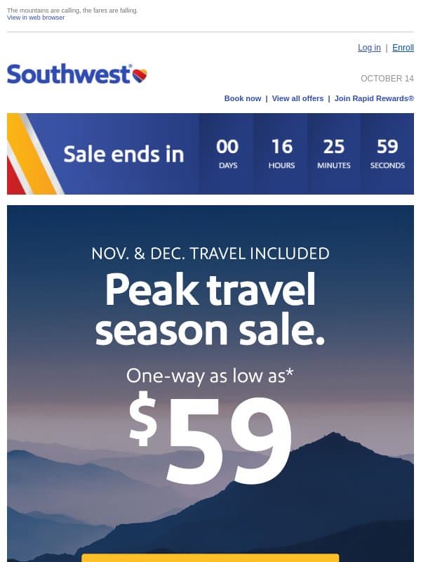 Big $59 sale! LAST DAY for deals! email from Southwest Airlines