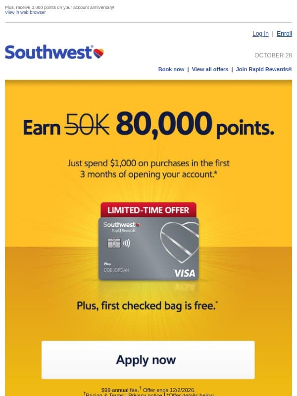 Like to earn 80,000 points? Big win. email from Southwest Airlines