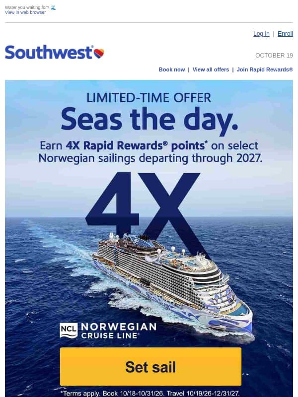 Earn 4X Rapid Rewards® points on a Norwegian cruise! 🛳️ email from Southwest Airlines