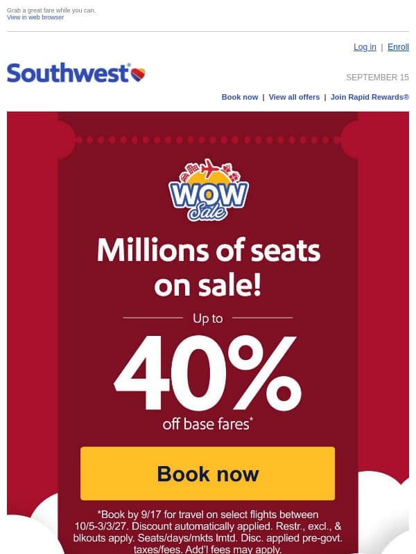 Up to 40% off fares? WOW! 🤯 email from Southwest Airlines