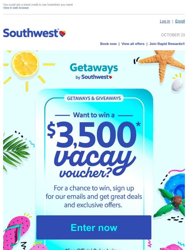 Enter for a chance to win Getaways & Giveaways email from Southwest Airlines