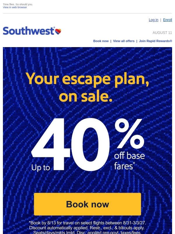 Up to 40% off! Sale yeah! email from Southwest Airlines