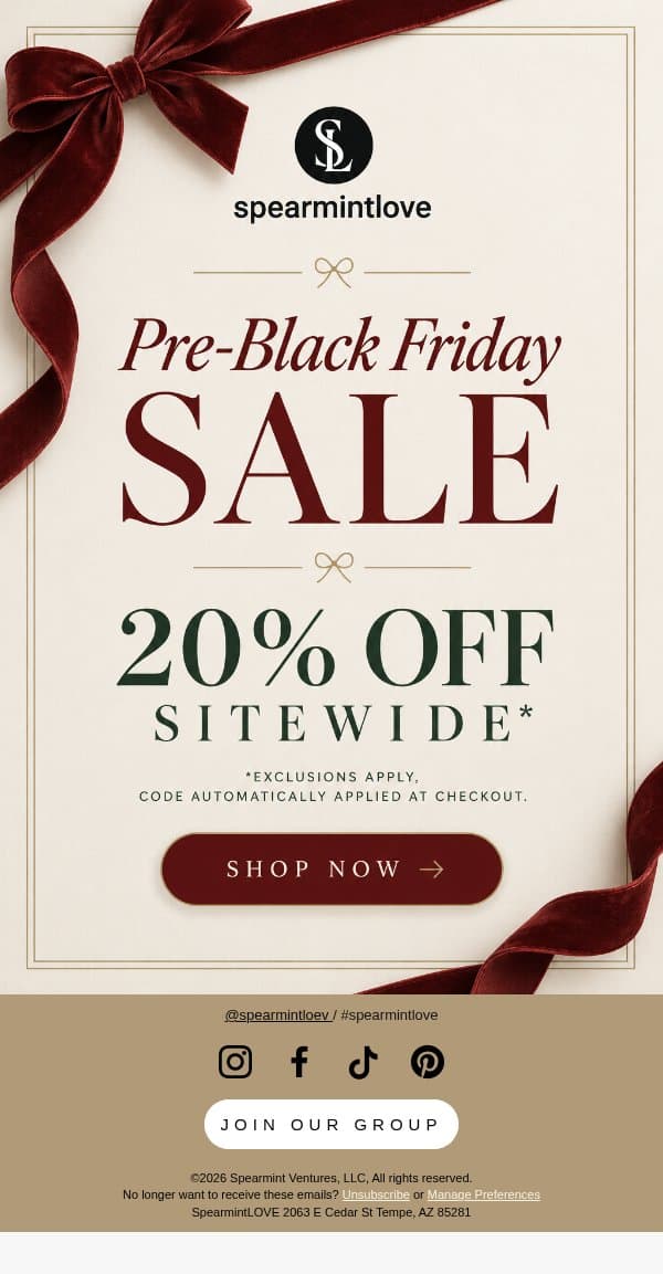 Black Friday Came Early! 🖤 20% Off Sitewide email from SpearmintLOVE screenshot