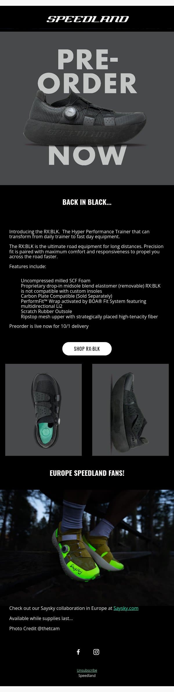 BACK IN BLACK! email from Speedland screenshot