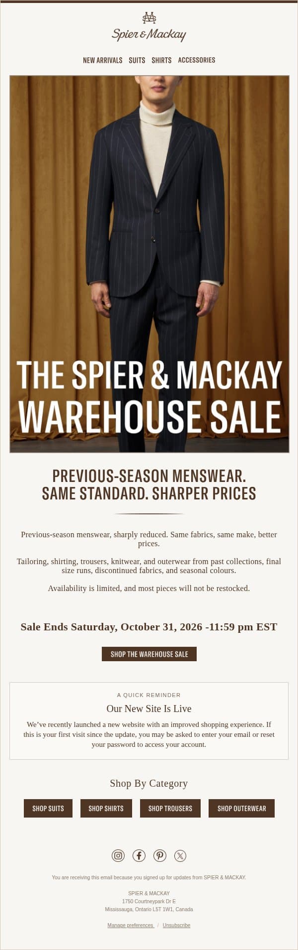 Suits From $299.99 :The Warehouse Sale Ends Oct 31, 2026 email from Spier & Mackay screenshot