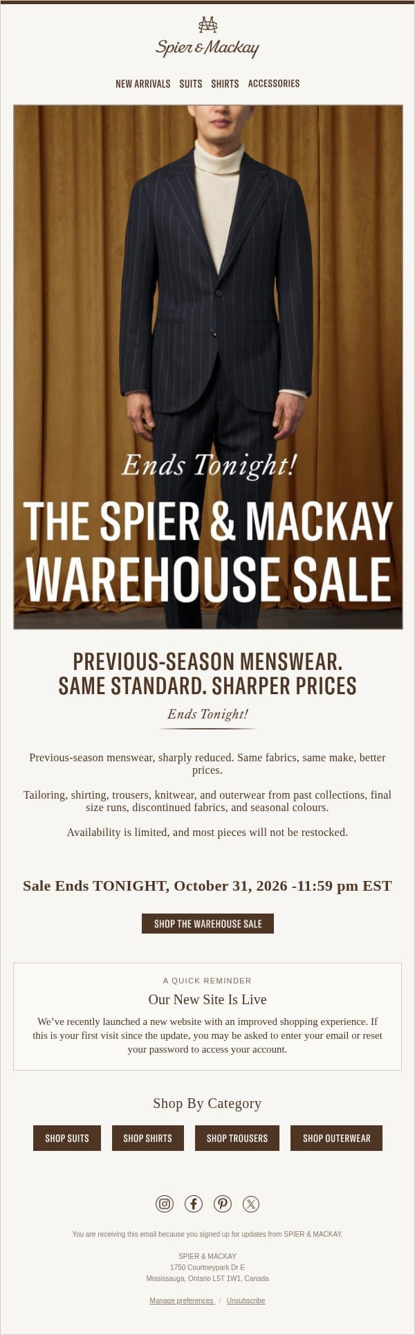 Final Hours! The Warehouse Sale Ends Tonight: Don't Miss Out! email from Spier & Mackay screenshot