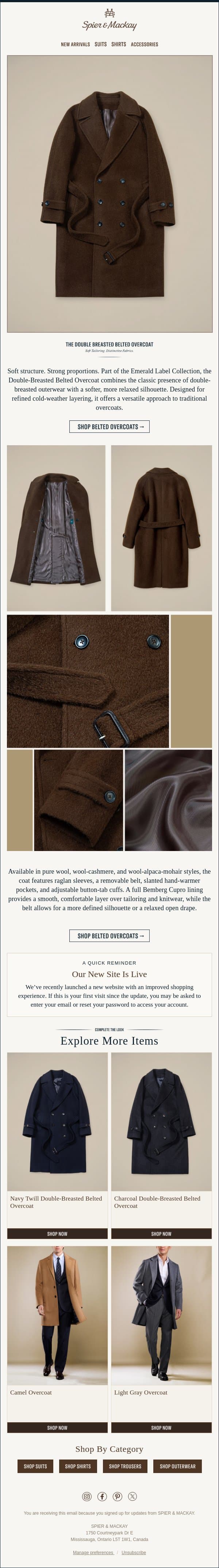 The Double-Breasted Overcoat email from Spier & Mackay screenshot