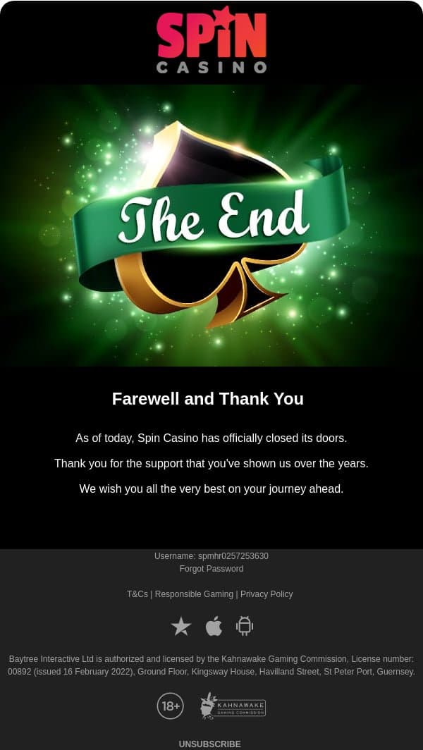 Closure Notice: Spin Casino email from Spin Casino screenshot