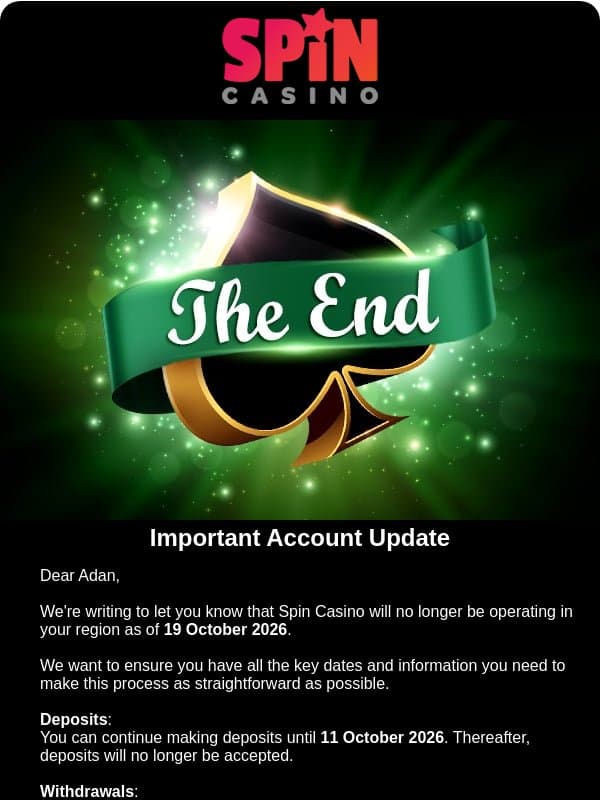 Important update about your account email from Spin Casino