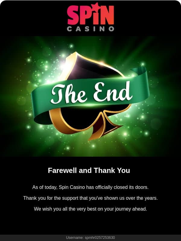 Closure Notice: Spin Casino email from Spin Casino