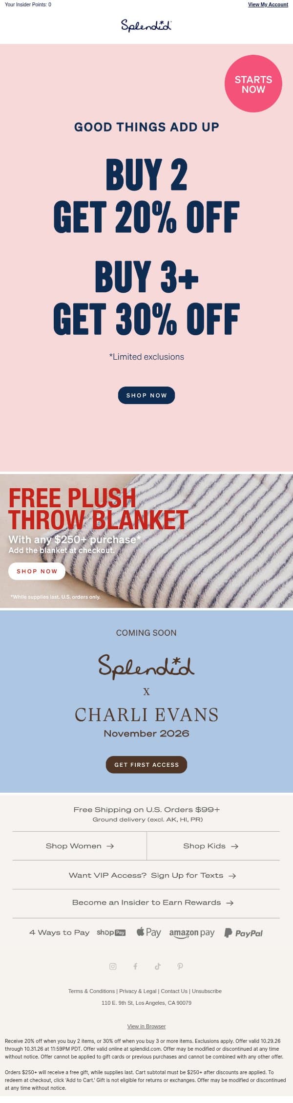 Starts Now: Buy 2→ 20% OFF, Buy 3+ → 30% OFF email from Splendid screenshot