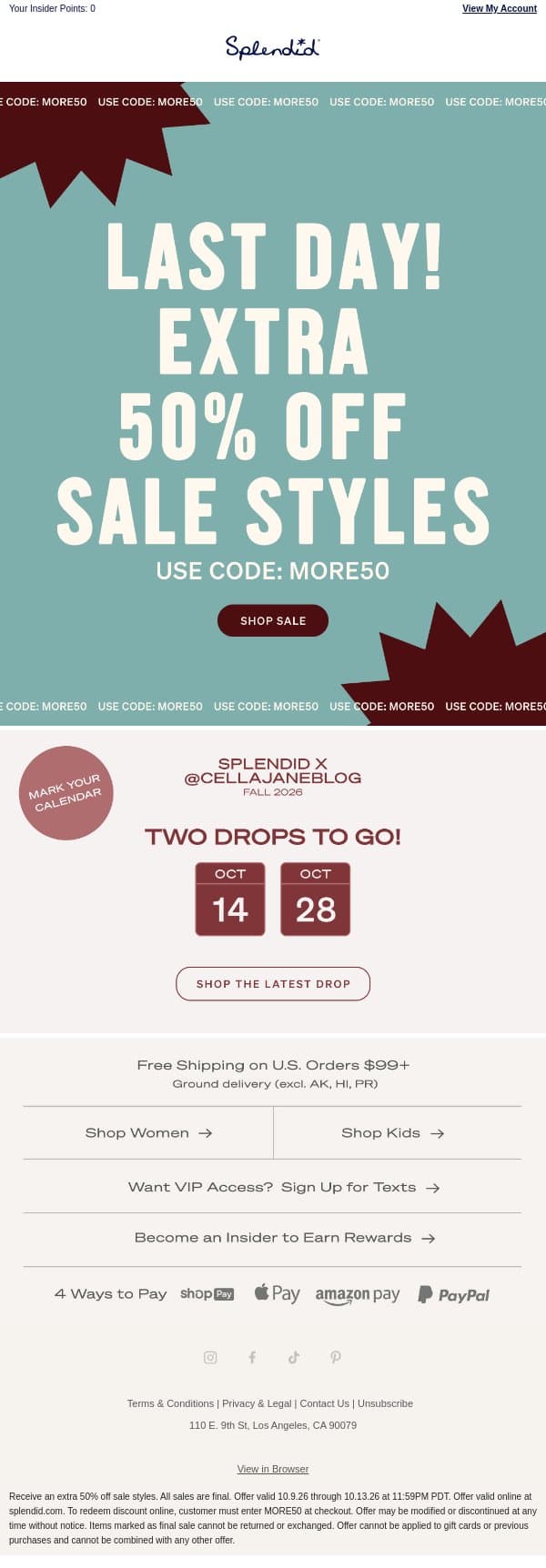 Last Call: EXTRA 50% OFF Sale 🚨 email from Splendid screenshot