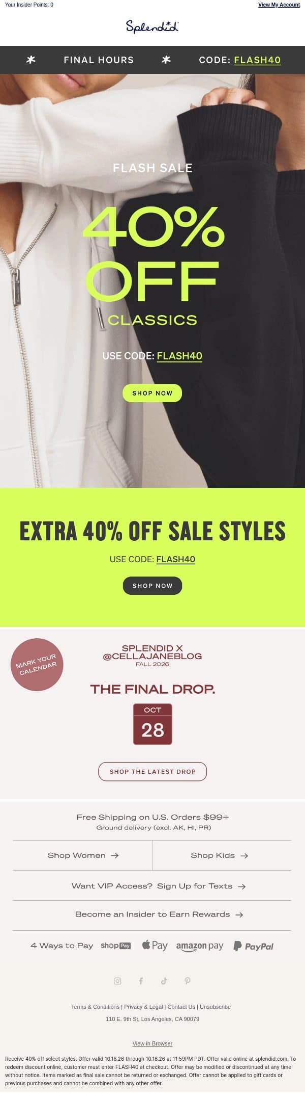 Last Day: Flash Sale 40% OFF ⏰ email from Splendid screenshot