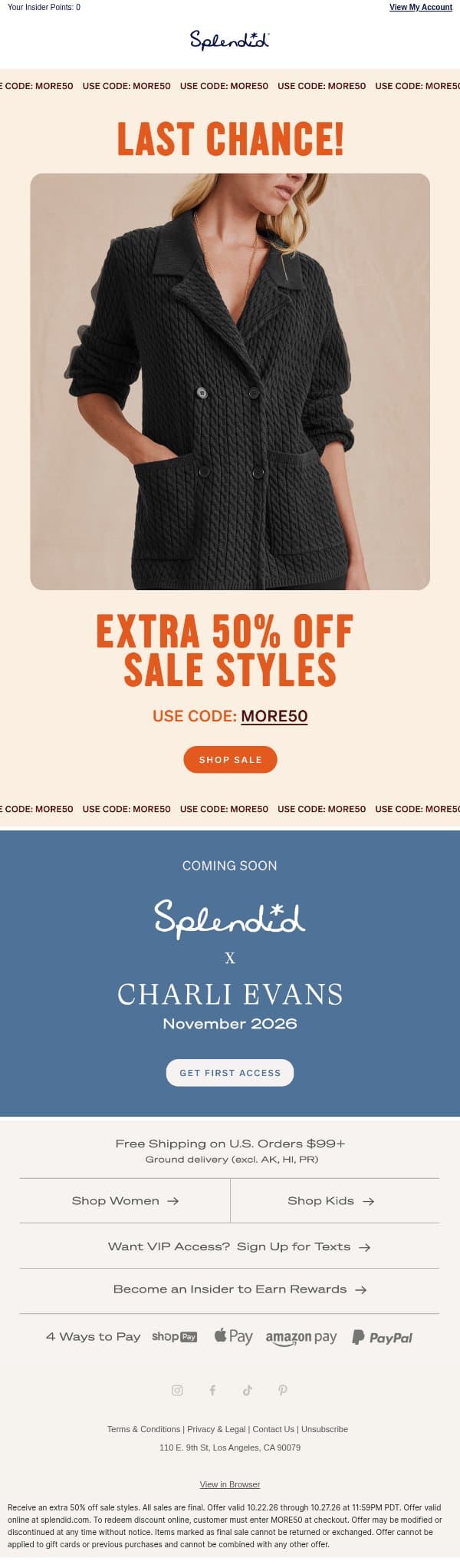 LAST CALL: EXTRA 50% OFF email from Splendid screenshot
