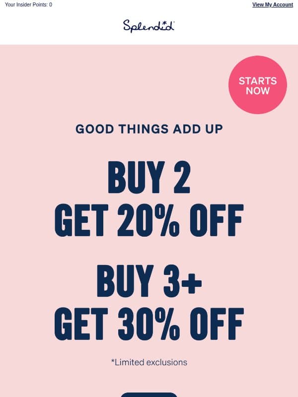 Buy 2 → 20% OFF | Buy 3+ → 30% OFF email from Splendid