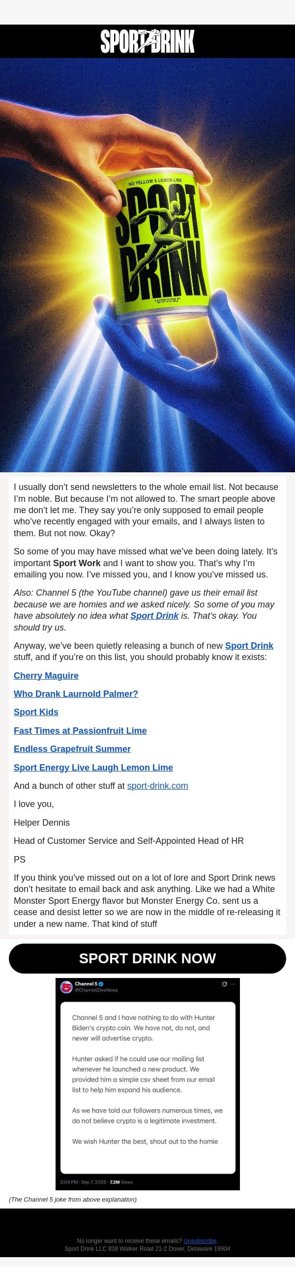 I’M NOT SUPPOSED TO BE EMAILING YOU email from Sport Drink screenshot