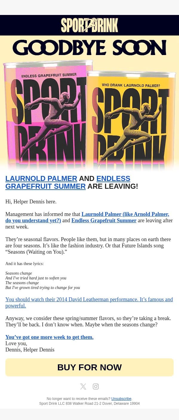 🚨 GRAPEFRUIT & ARNOLD PALMER ARE LEAVING SOON! email from Sport Drink screenshot