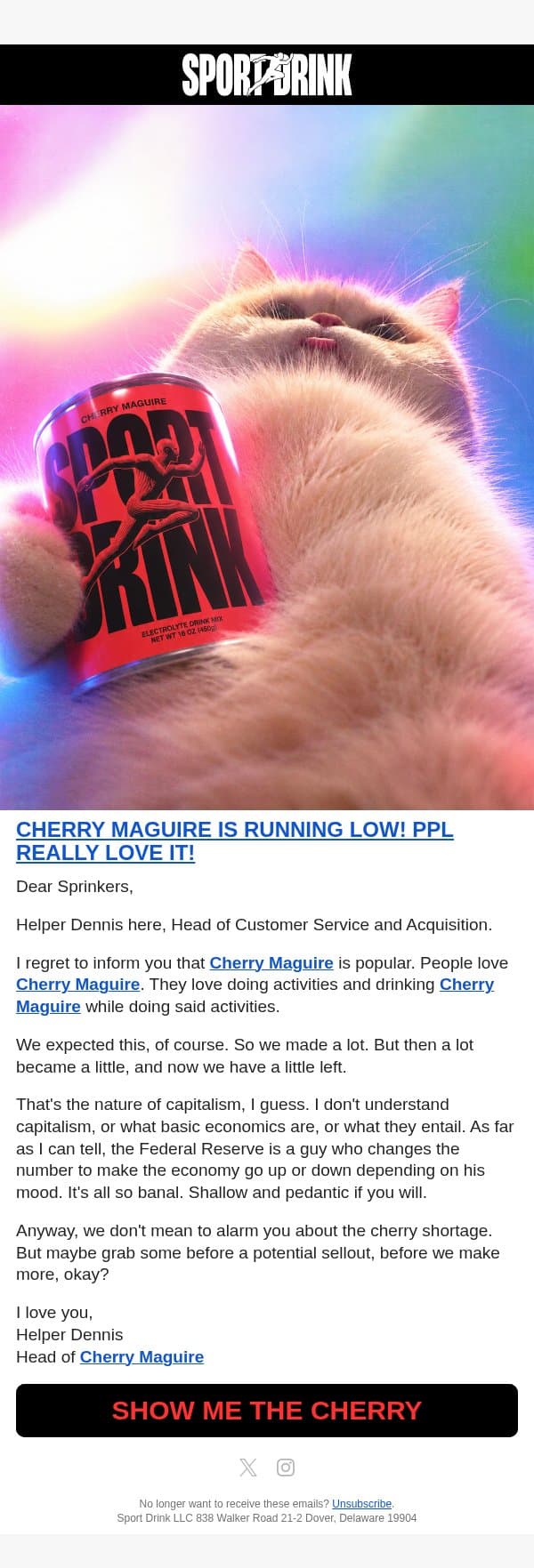 Cherry Maguire Sport Drink is running low! email from Sport Drink screenshot