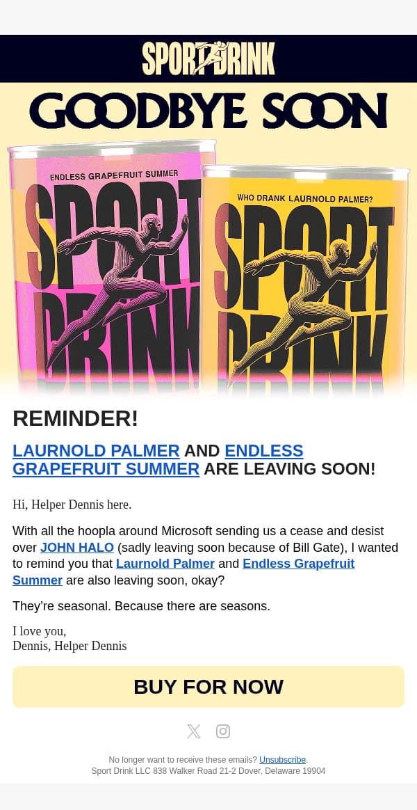 🚨 GRAPEFRUIT & ARNOLD PALMER ARE LEAVING IN 4 DAYS! email from Sport Drink screenshot