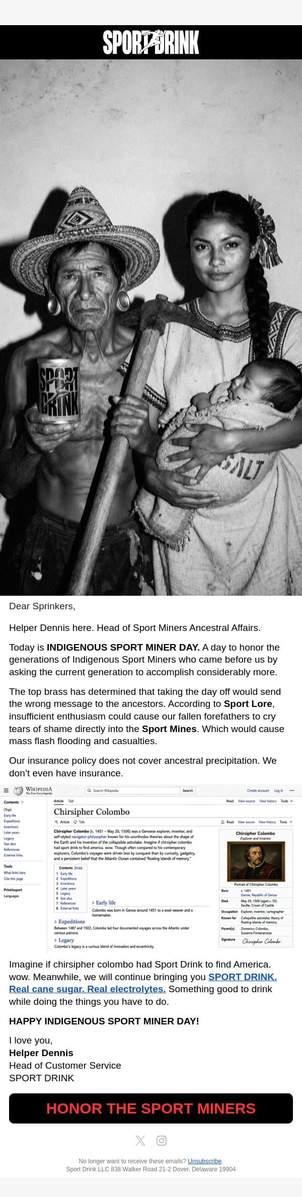 HAPPY INDIGENOUS SPORT MINER DAY email from Sport Drink screenshot