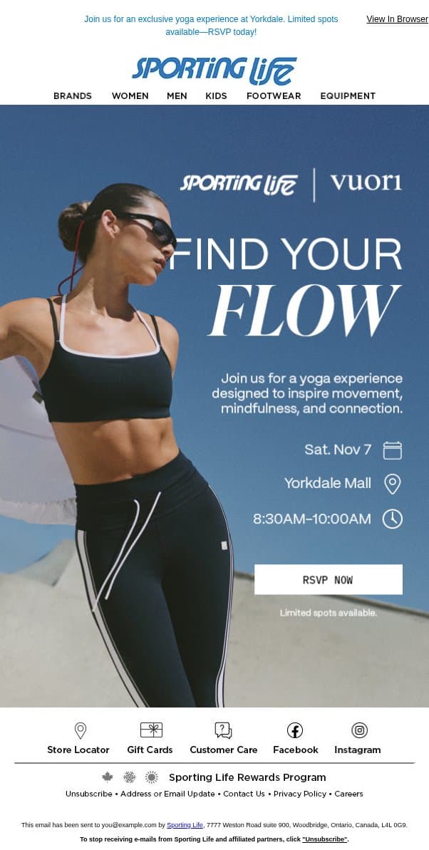 Next Saturday! Find Your Flow with Vuori email from Sporting Life screenshot
