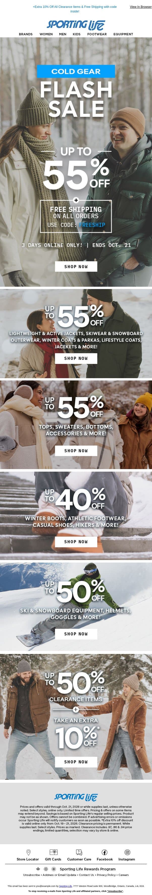 3 Days Only! Up to 55% Off Cold Gear Flash Sale email from Sporting Life screenshot