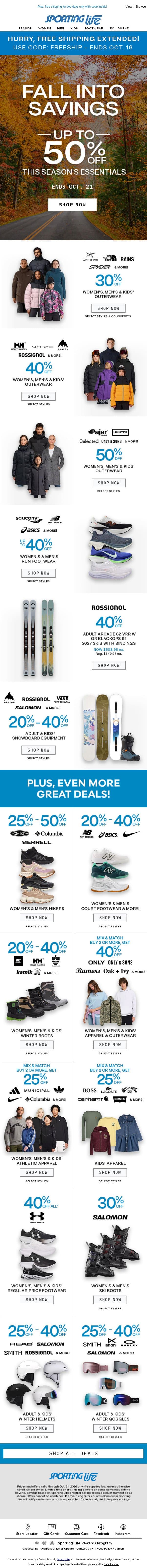 Fall Into Savings: Up To 50% Off! email from Sporting Life screenshot