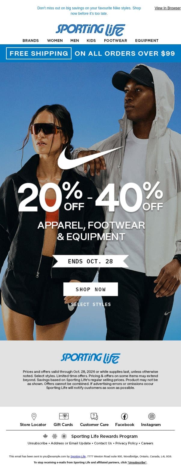 Limited Time: Save 20%–40% on Select Nike Styles email from Sporting Life screenshot