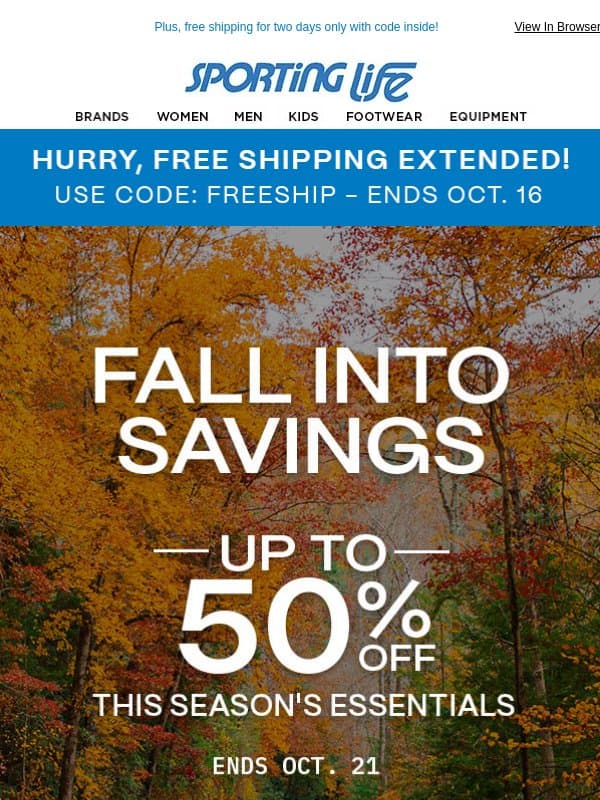 Fall Into Savings: Up To 50% Off! email from Sporting Life