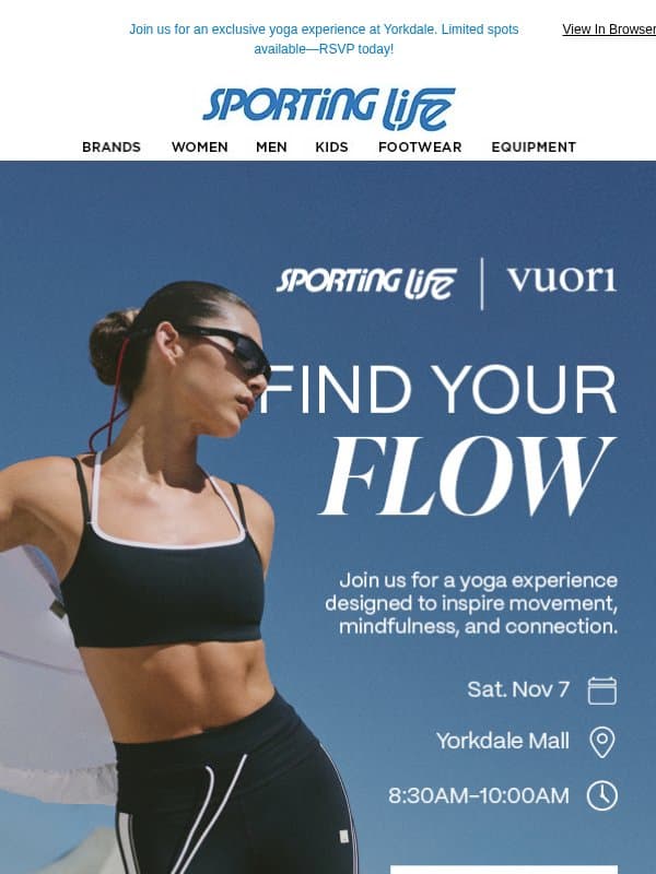 Next Saturday! Find Your Flow with Vuori email from Sporting Life