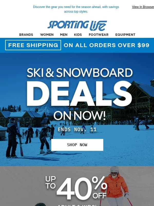 Your Ski & Snowboard Season Starts Here email from Sporting Life