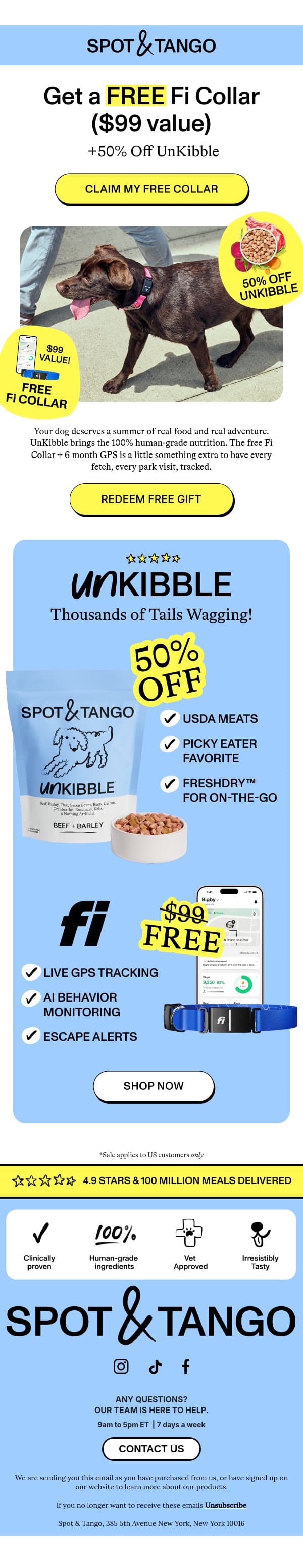 Your dog's summer upgrade: FREE Fi collar inside ($99) ☀️🐶 email from Spot & Tango screenshot