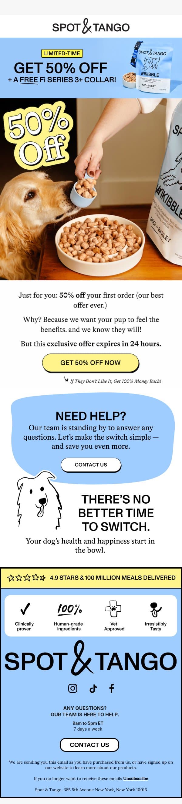 ⚠️ Final Hours: 50% Off + Free Fi Collar ($99) email from Spot & Tango screenshot