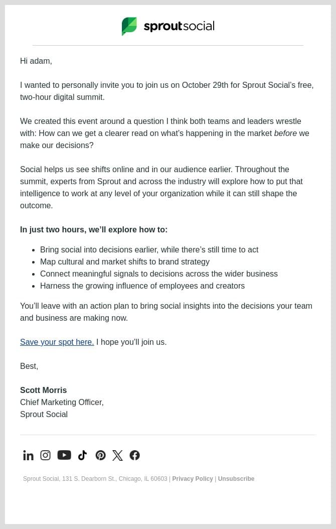 An invitation from Sprout CMO, Scott Morris email from Sprout Social screenshot