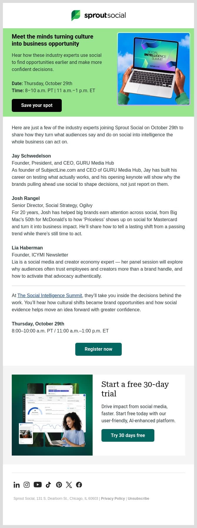 Who’s speaking at Sprout’s digital summit? email from Sprout Social screenshot