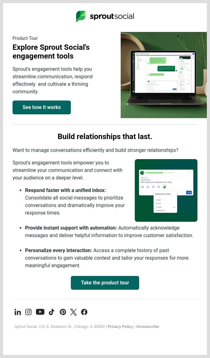 How to see Sprout's engagement tools in the product tour email from Sprout Social screenshot