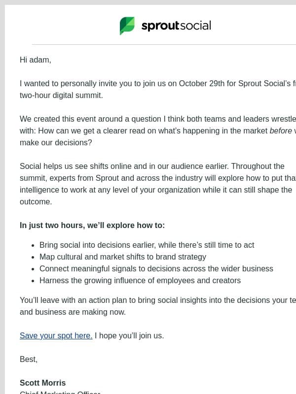 An invitation from Sprout CMO, Scott Morris email from Sprout Social
