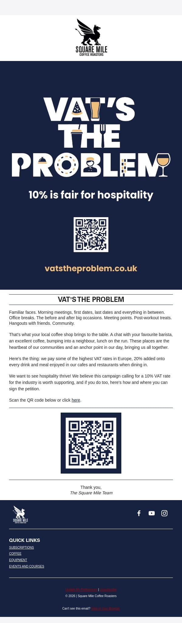 Support Your Local! email from Square Mile Coffee Roasters screenshot