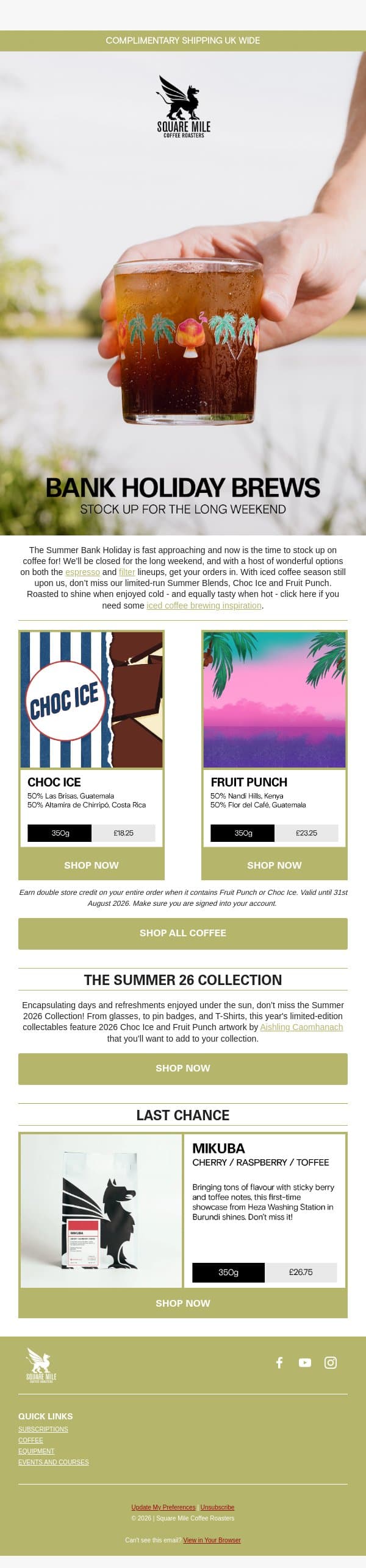 Bank Holiday Brews email from Square Mile Coffee Roasters screenshot